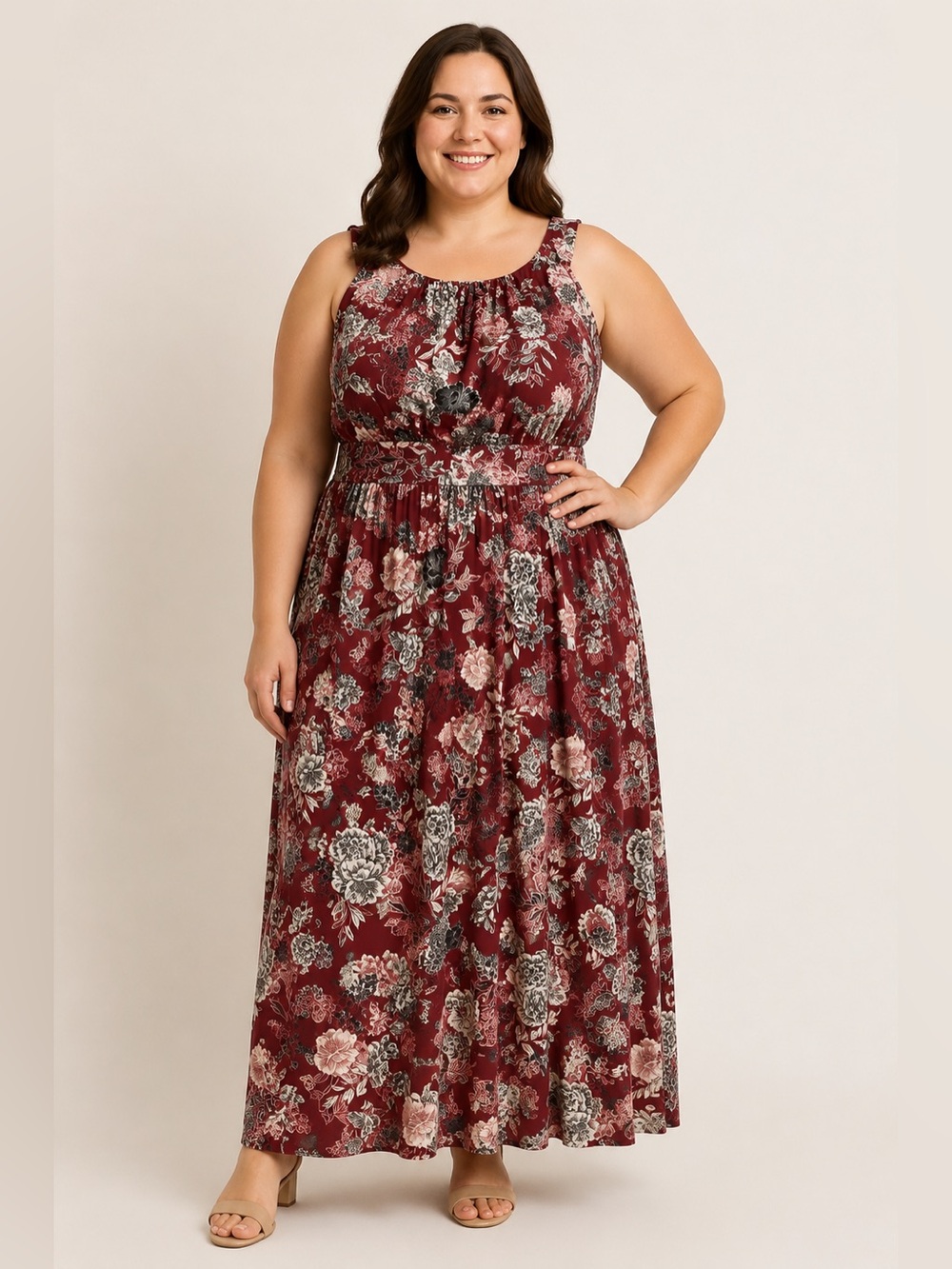*2 for 50* Meri Skye Burgundy Floral Sleeveless Maxi Dress Plus Size 1X